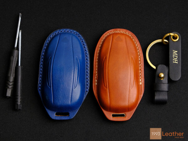 Back view of Tesla Model S key fob leather cover with a precise and snug design.