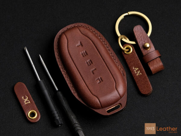 Tesla Model X key fob cover crafted from imported Veg-Tanned leather for durability and luxury.