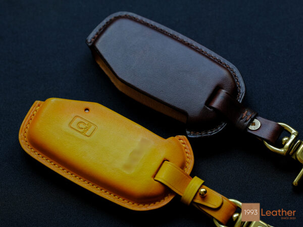 This is the completed KIA Soul key fob cover made from Veg-tanned leather