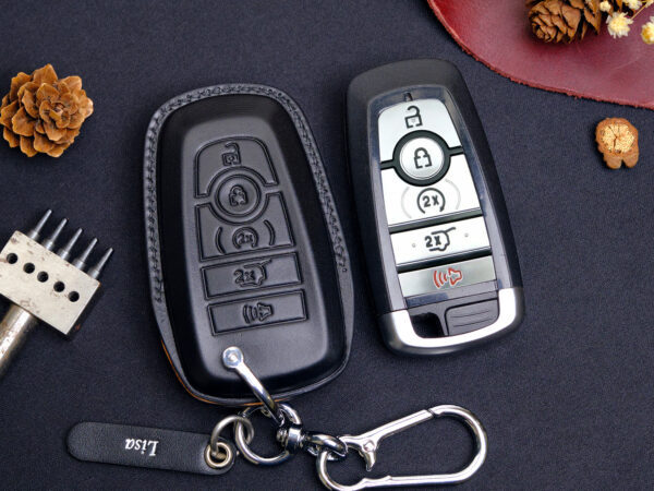 There are two designs of Lincoln Navigator key fob cover: one with exposed buttons and one fully buttoned.
