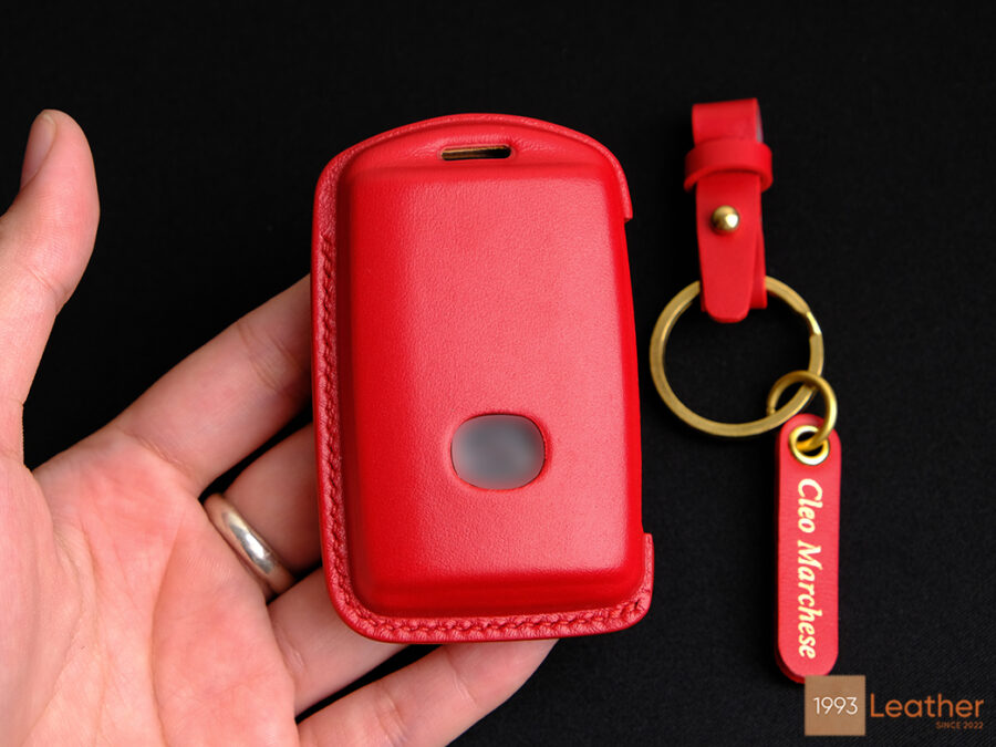 Mazda CX-30 key fob cover in vibrant red, made from durable and eco-friendly Veg-tanned leather.