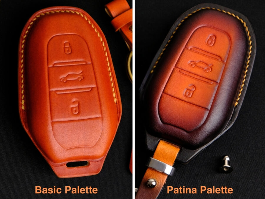 Peugeot key fob cover showcasing craftsmanship with Basic Palette and Patina Palette designs.