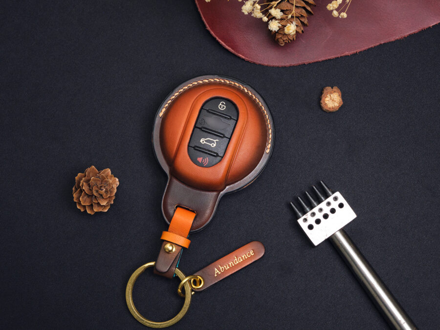 Mini Clubman key fob cover crafted with durable Veg-Tanned leather for exceptional protection