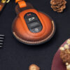 Close-up view of handcrafted Mini Clubman key fob covers with neat stitching representing the craftsmanship at Leather1993.