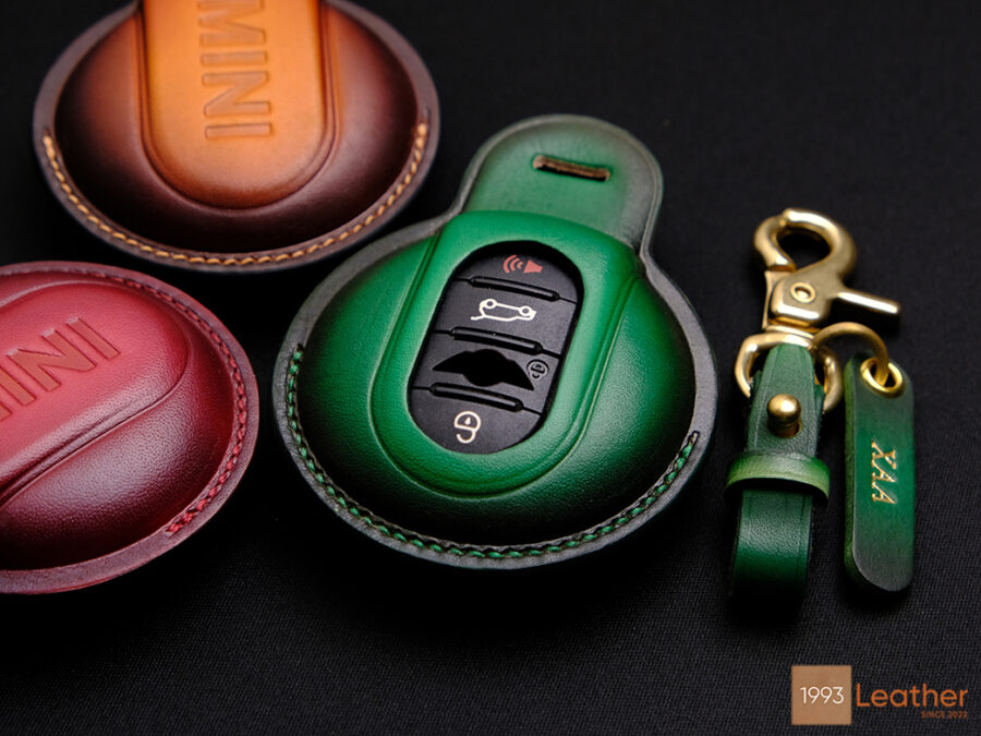 Mini Clubman key fob cover in green with free tag personalized and four hardware options.