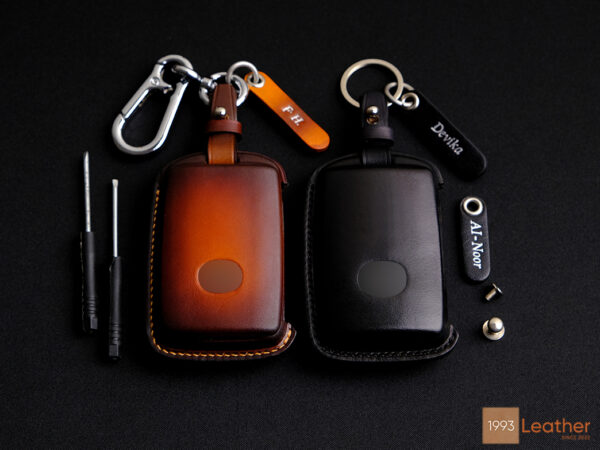 Handmade leather key fob cover for Mazda CX-90, high-quality protection.