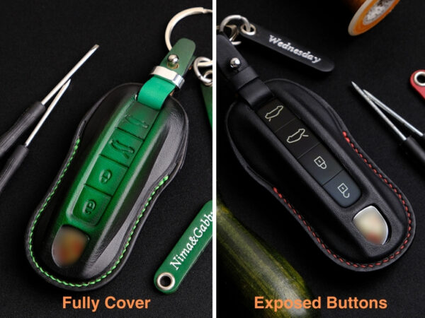 Porsche Taycan key fob cover featuring two styles: Fully Cover for full protection and Exposed Buttons for easy access.