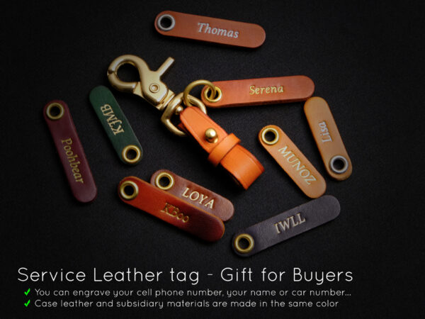 Leather key fob tags with custom name engraving available as a free gift for buyers.