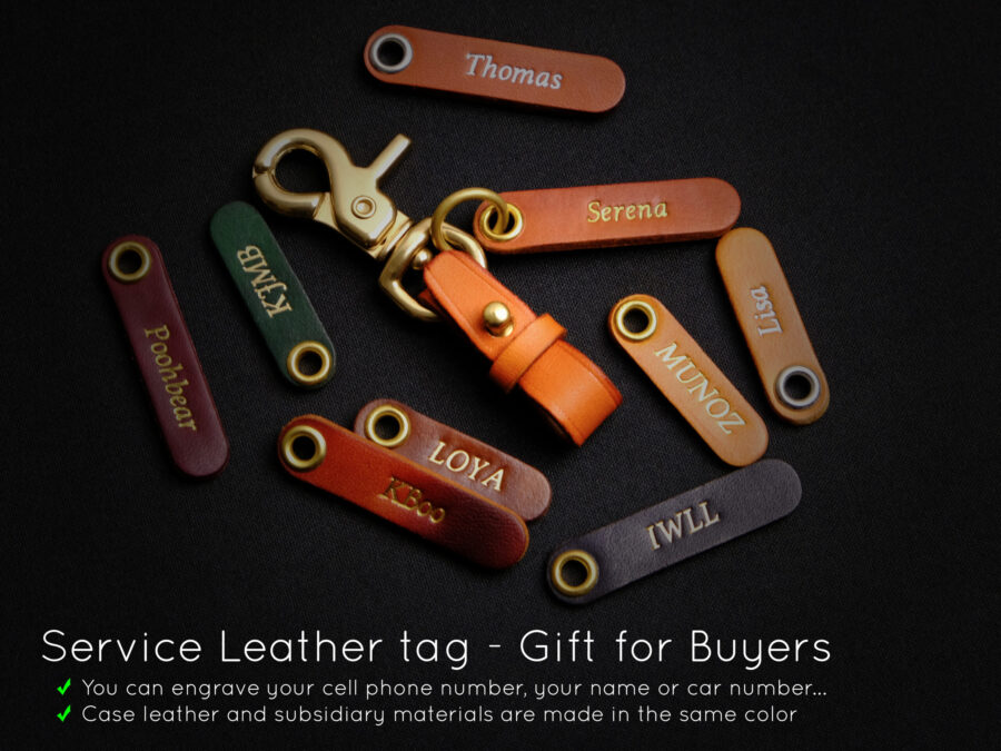 Leather key fob tags with custom name engraving available as a free gift for buyers.