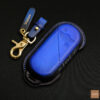 Patina Blue leather key fob cover for Mini Aceman with personalized tag and hardware