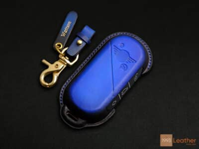 Patina Blue leather key fob cover for Mini Aceman with personalized tag and hardware