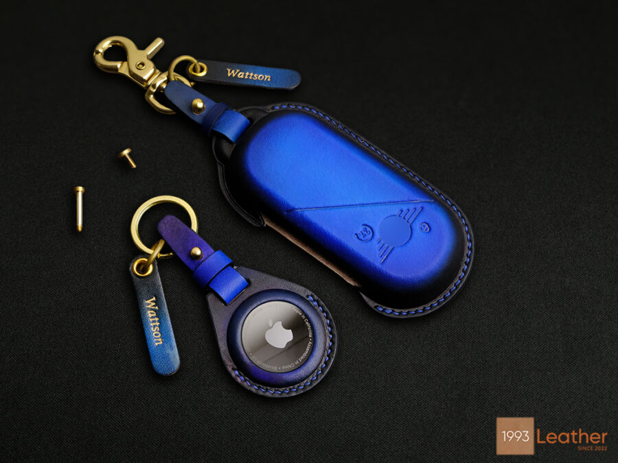 Mini Aceman key fob cover in Patina Blue leather with custom name tag and stylish keyring