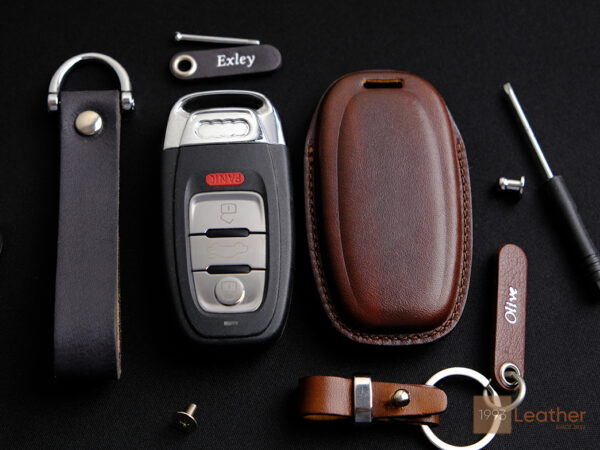 Handmade leather Audi key fob cover includes full name tag and keychain