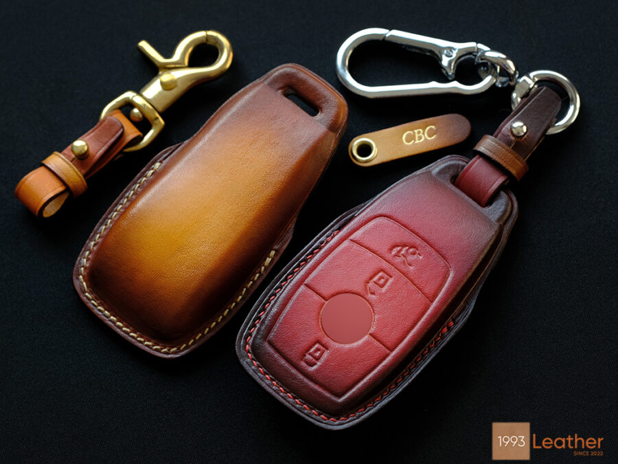 Mercedes E-Class key fob cover crafted from premium veg-tanned leather, designed to provide scratch-resistant protection and a stylish look.