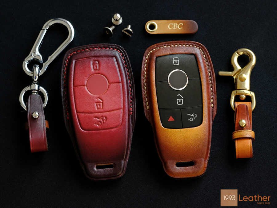 Mercedes E-Class key fob cover crafted from high-quality Veg-Tanned leather with a luxurious finish, paired with stylish hardware accessories.