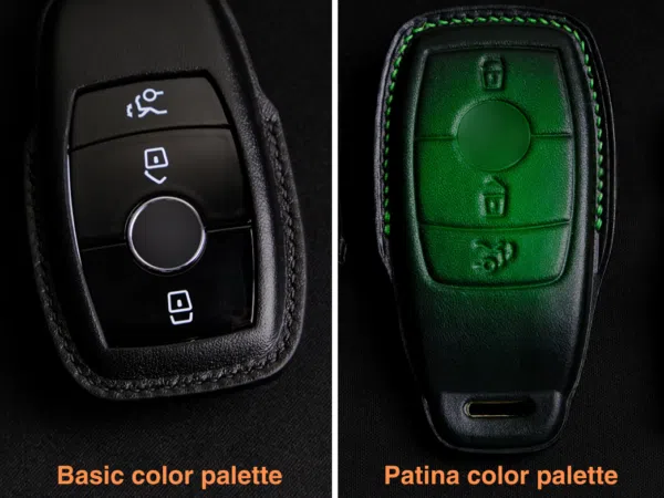 Mercedes key fob cover displayed in two styles: basic color palette in black and Patina color palette in green, representing top-quality leather craftsmanship.