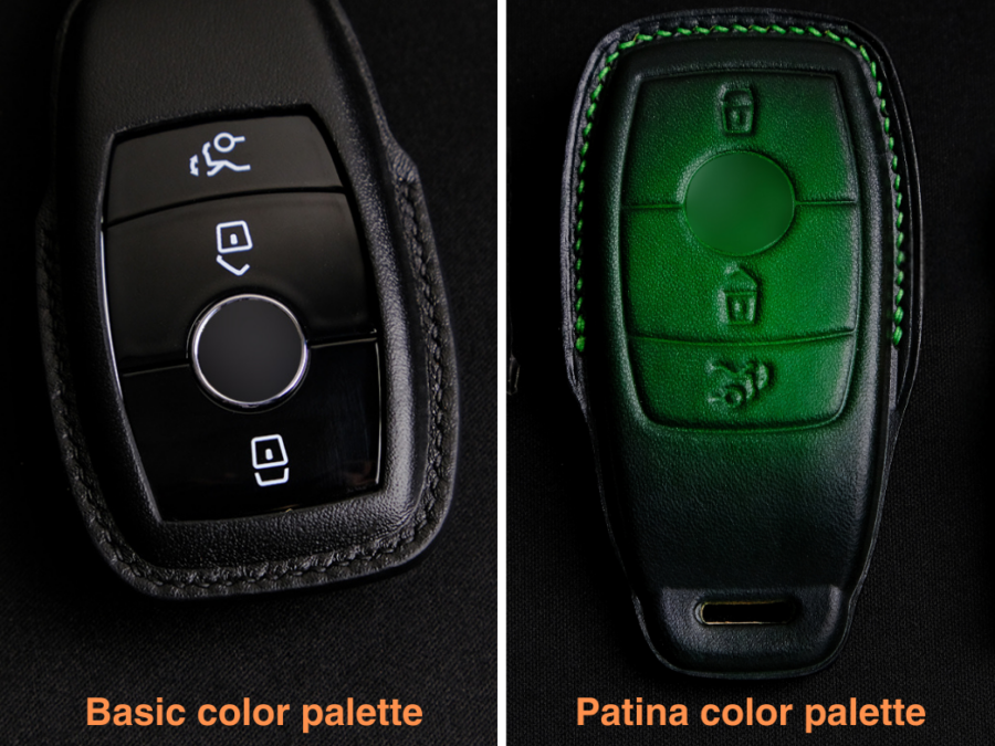 Mercedes E-Class key fob cover displayed in two styles: basic color palette in black and Patina color palette in green, showcasing premium leather craftsmanship.