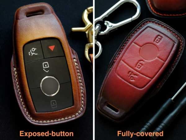 Mercedes E-Class key fob cover shown in two styles: exposed-button design for accessibility and fully-covered design for complete protection.