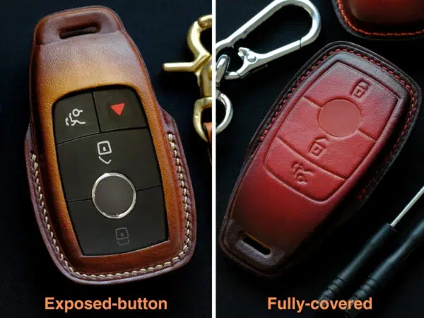 Mercedes key fob cover shown in two styles: exposed-button design for accessibility and fully-covered design for complete protection.