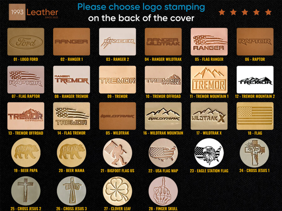 Logo stamping options for Ford Ranger leather key fob cover – 29 engraved personalization choices