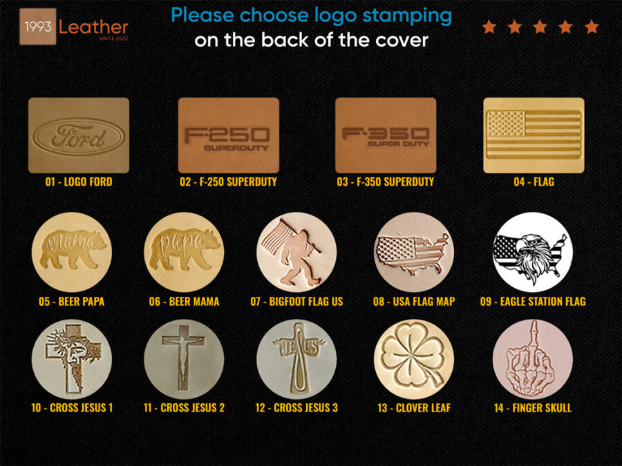Logo stamping options for Ford Super Duty leather key fob cover – 14 engraved personalization designs