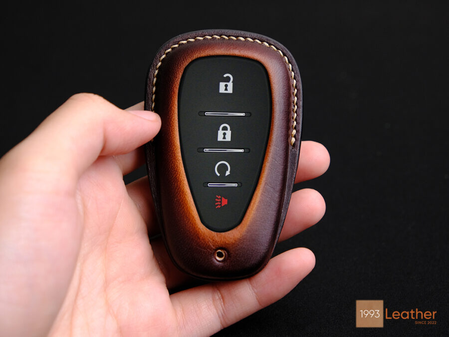 Exposed button design Chevy key fob cover available at Leather1993.