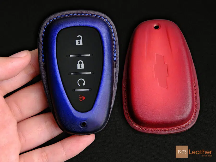 Chevrolet Traverse key fob cover in Patina color, handcrafted from premium Veg-tanned leather