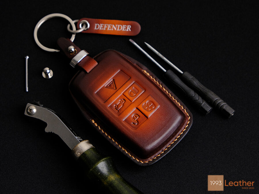 Land Rover Defender key fob cover with fully enclosed leather design for maximum durability.