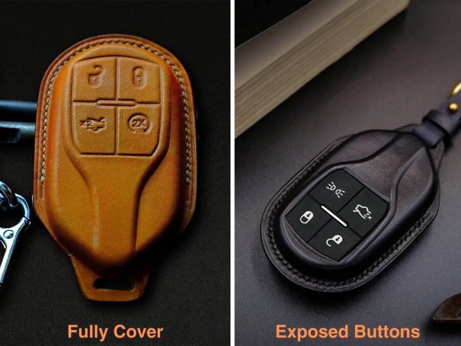 Maserati Quattroporte key fob cover with exposed buttons design and fully-covered design options, representing style and protection.