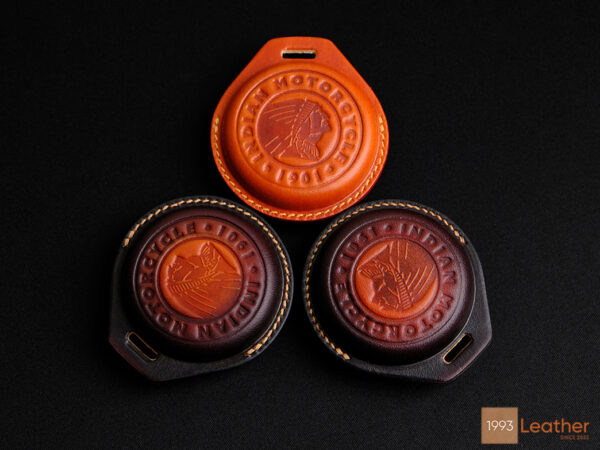 Rear view of the Indian Chief Chieftain key fob cover, representing detailed craftsmanship and premium leather.