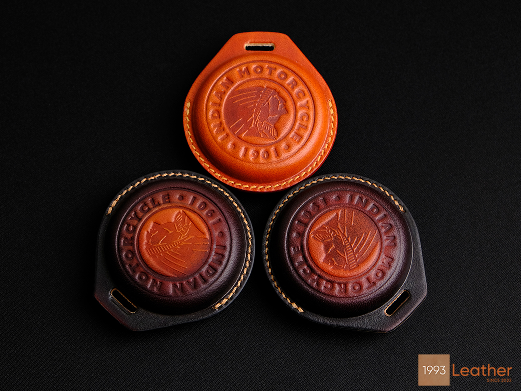 Rear view of the Indian Chief Chieftain key fob cover, showcasing detailed craftsmanship and premium leather.