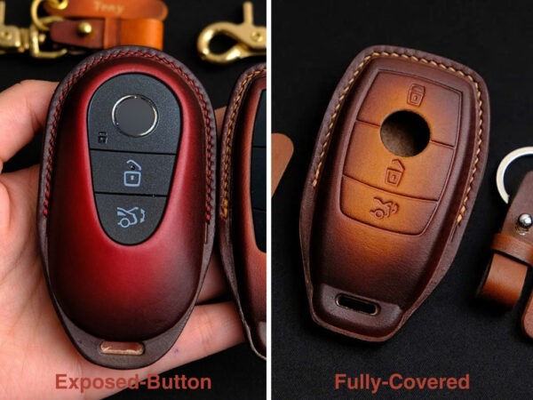 Mercedes key fob cover shown in two styles: exposed-button design for accessibility and fully-covered design for complete protection.