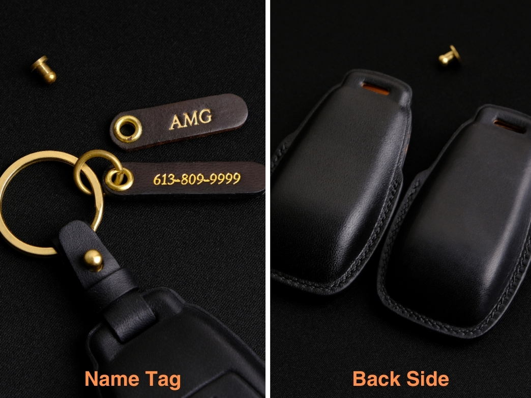 Mercedes key fob cover featuring a personalized name tag and a sleek back side design.