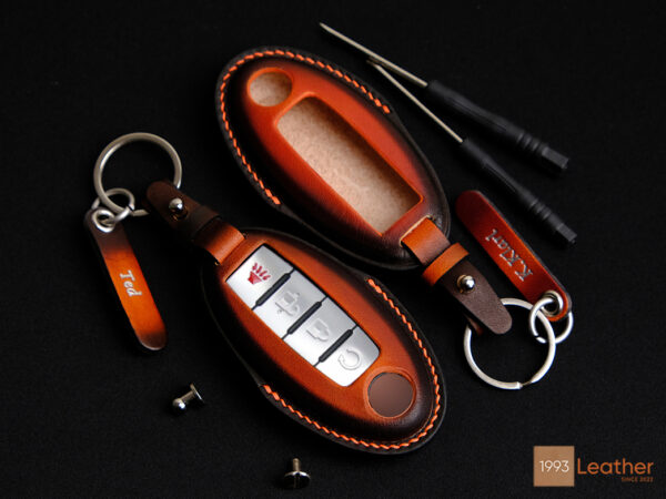 Nissan Kicks key fob cover made of premium Veg-tanned leather for durability and style.