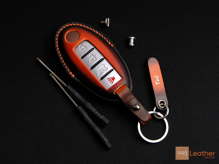 Nissan Maxima key fob cover made of premium Veg-Tanned leather.