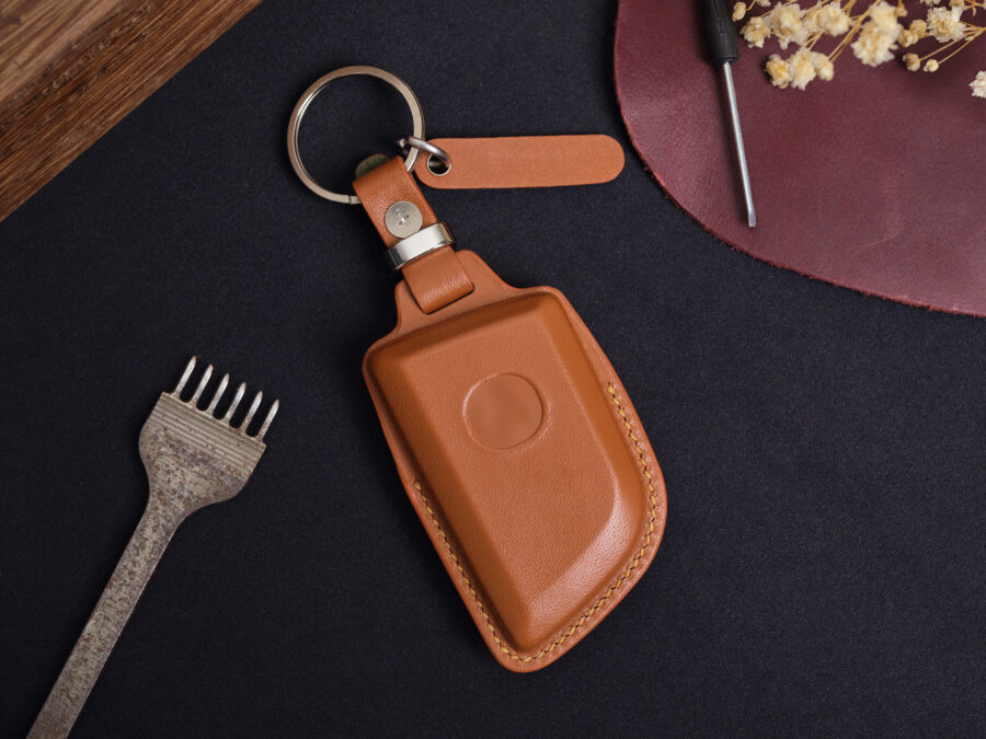 Leather Acura ZDX key fob cover back view with smooth leather surface and stitched edges