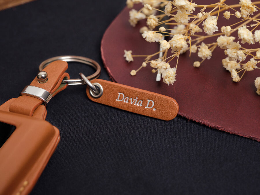Engraved leather tag with name David D attached to metal keyring for Acura ZDX key fob cover set