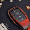 Leather Mercedes S-Class key fob cover front view showing button layout and contrast stitching