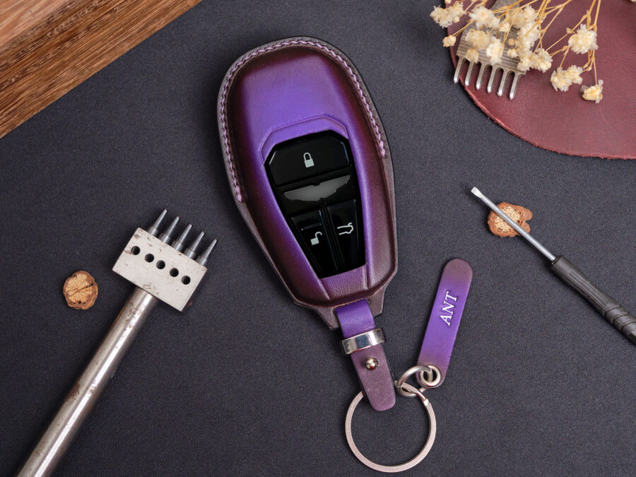 Key fob cover for Aston Martin VANTAGE made of Vegtan leather, known for its durability and ability to develop a rich, natural patina over time.