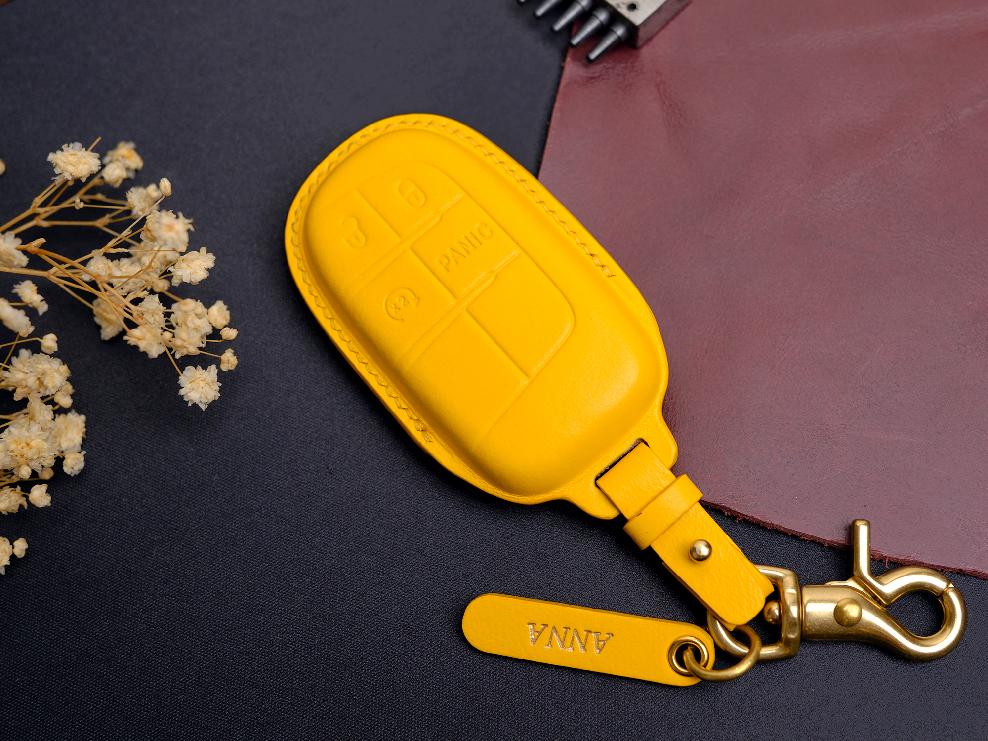 Luxury leather key fob cover for Jeep Compass made of natural Vegtan leather, offering durability and a refined, timeless appeal.