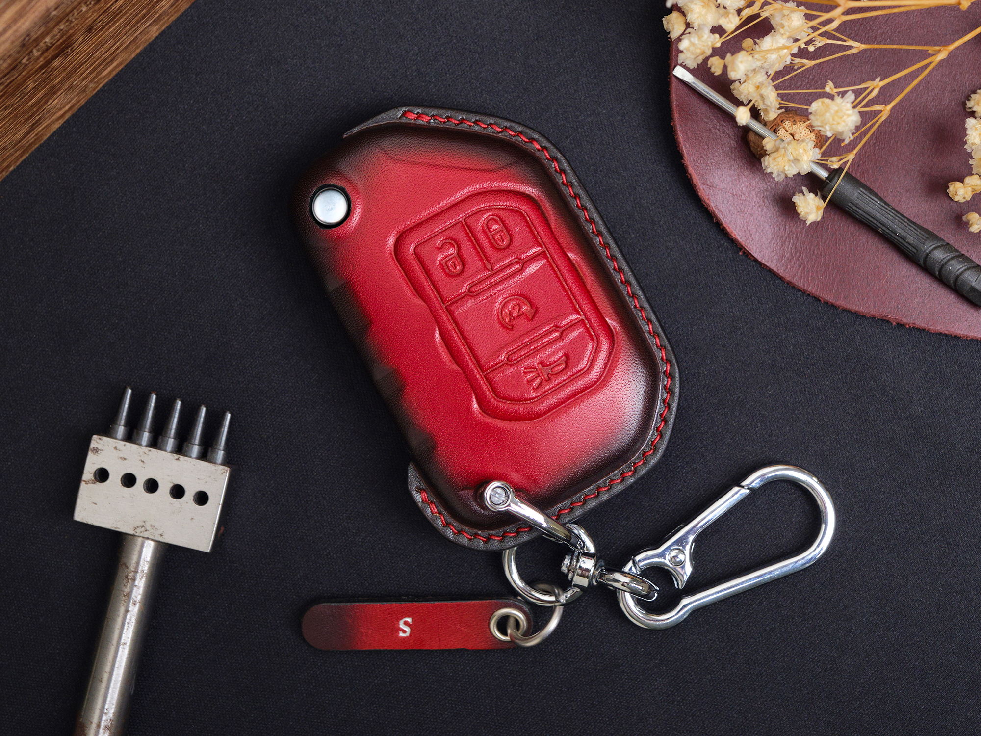 Jeep Wrangler key fob cover made of top-notch leather with tag engraved and keychain free included