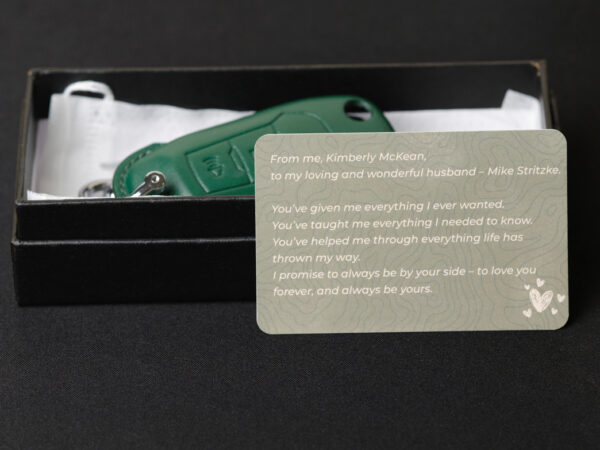 Love messages in gift card printed exclusive in Leather1993 with key fob cover in box gift