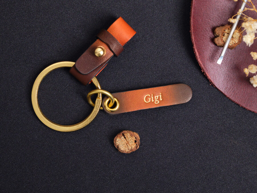 Engraved leather tag labeled Gigi with brass keyring for GMC Terrain key fob cover set
