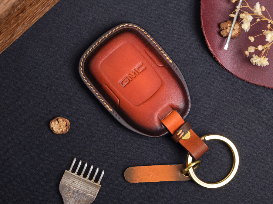 Leather GMC Terrain key fob cover back view with embossed GMC logo and stitched edges